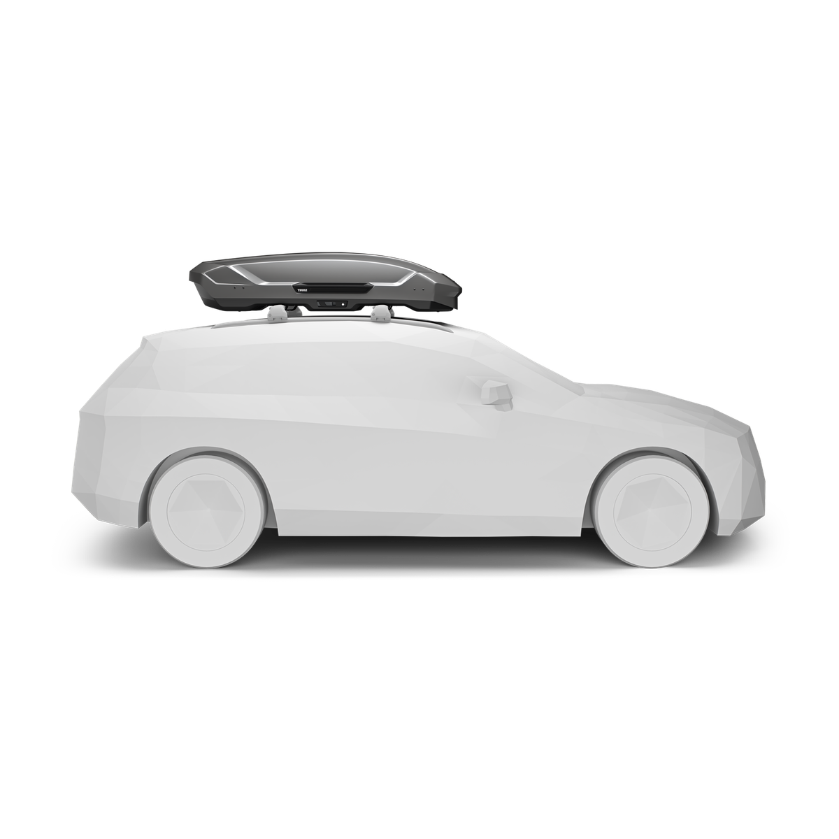 Tytanowy box dachowy Thule Motion 3 L zamontowany na belkach auta
